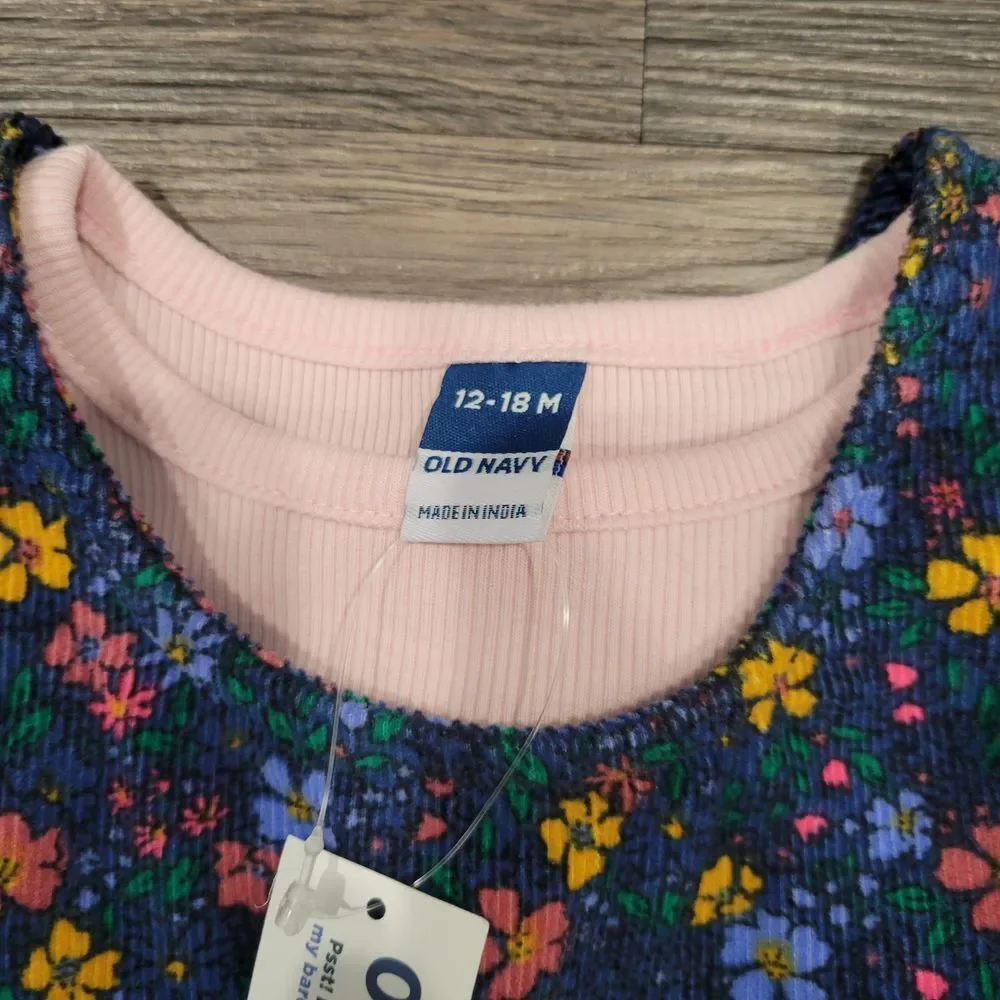 Old Navy‎ Floral Print Navy Blue Dress Pink Long Sleeves 12-18M Baby Girl NWT